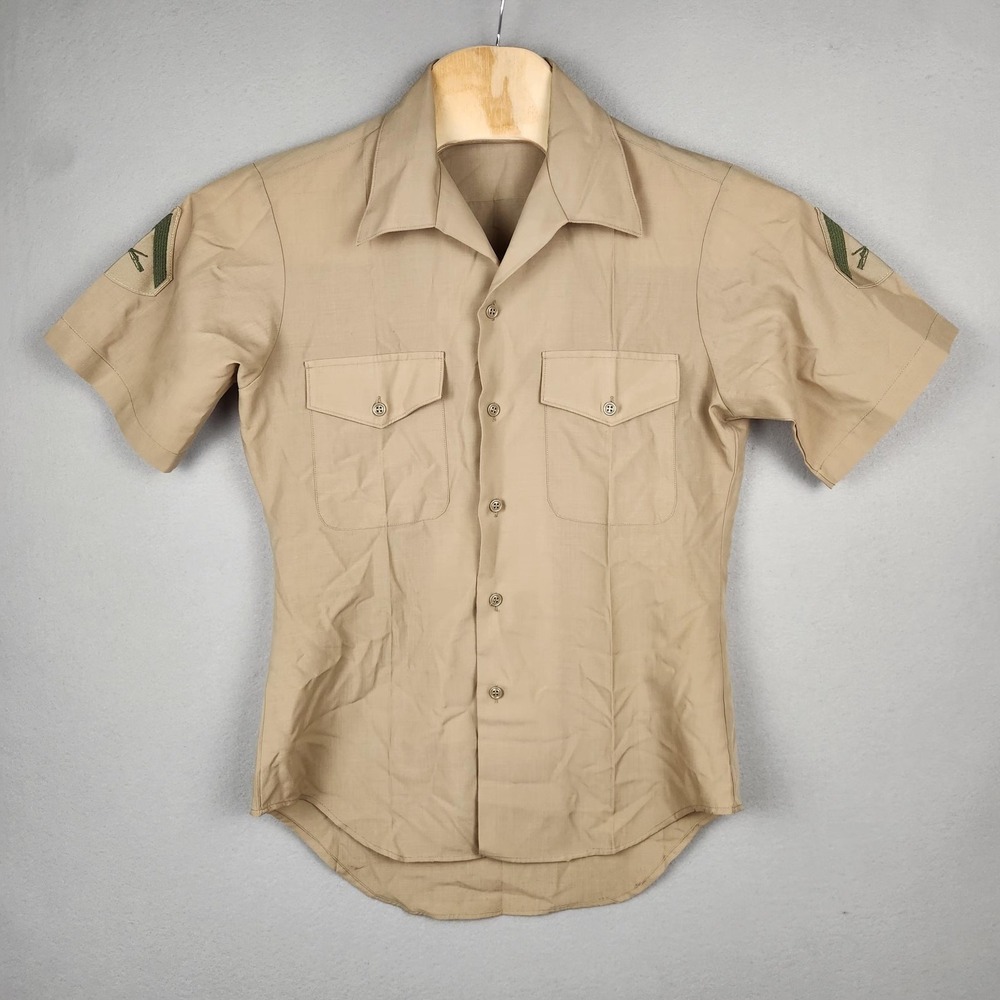 VINTAGE US Army Shirt Mens 14 1/2 Khaki Short Sleeve PFC Infantry Uniform 80s